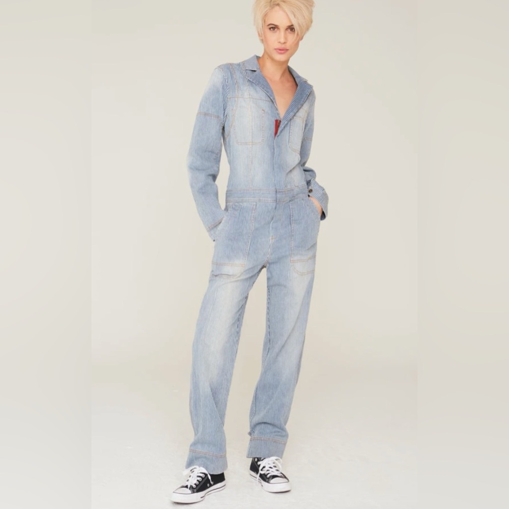 La Boheme Theo Jumpsuit in Striped Denim Railroad Stripe NWT